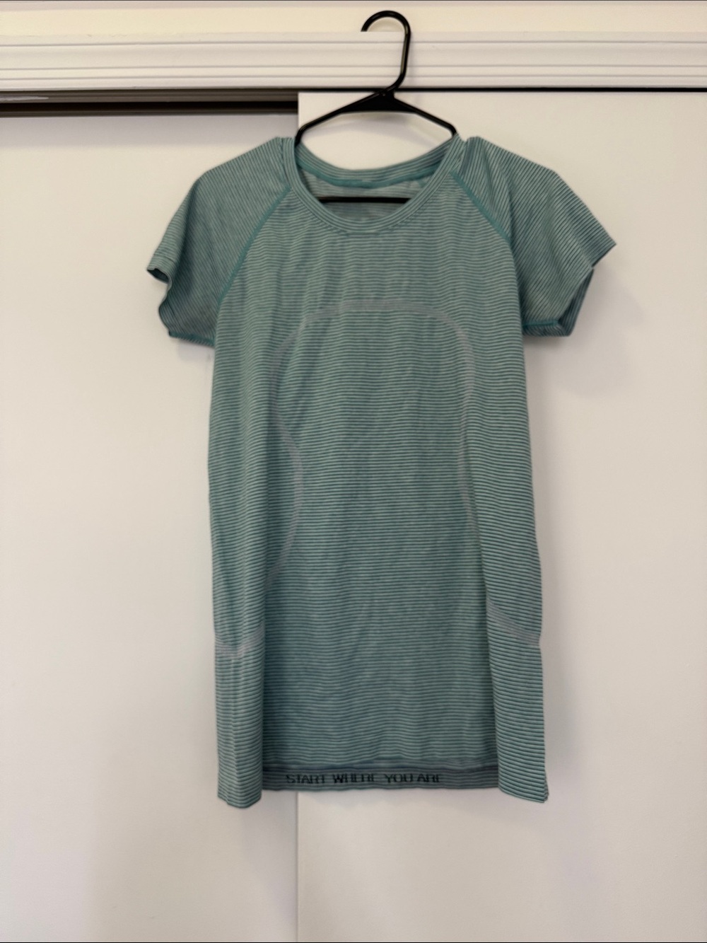 Lululemon Swiftly Tech Striped Teal Athletic Tee